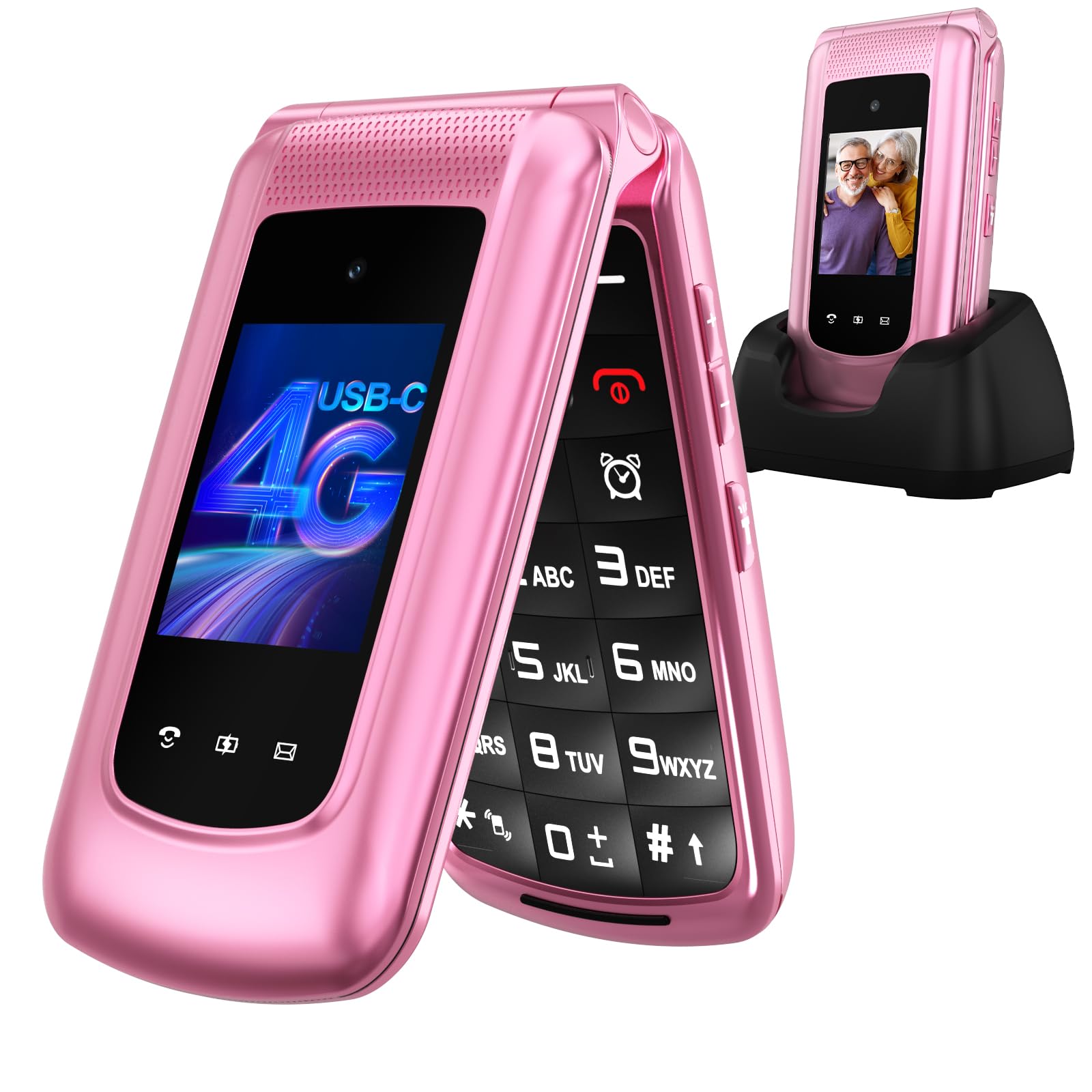 CHAKEYAKE 4G Teléfono Móvil para Mayores Libre, Doble SIM, Doble Pantalla LCD, Anuncio de Voz, Teclas Grandes, Volumen Alto,Radio FM, Botón SOS, Base Cargadora, Batería 1000 mAh, Rosa