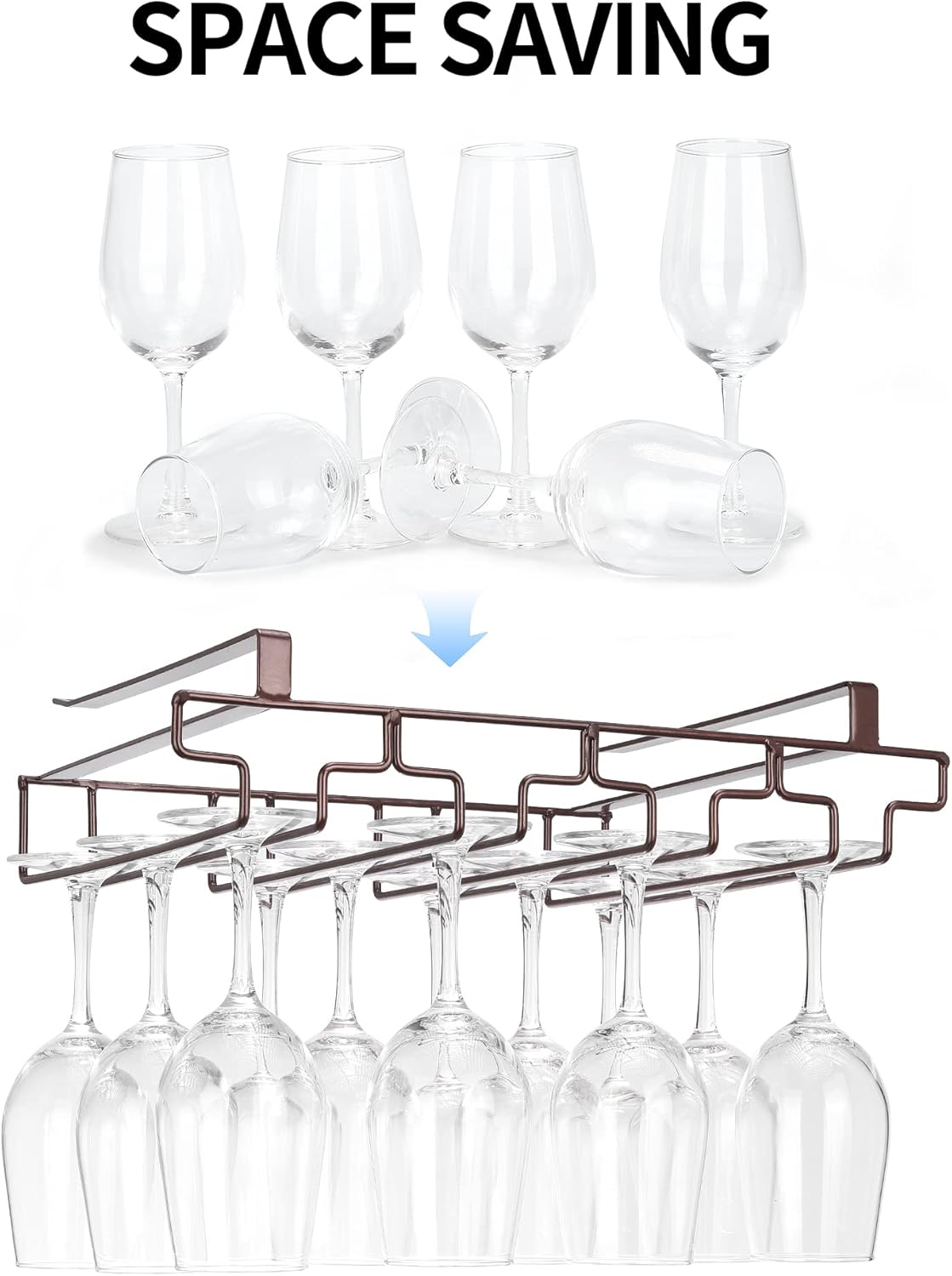 Wine Glass Rack Under Cabinet Drilling Free No Screw Steamware Holder Under Shelf Metal Wine Glasses Holders 304 Stainless Steel Hanger Storage Organizer Hanging Glass Fit for Bar Kitchen 4 Rows Brown