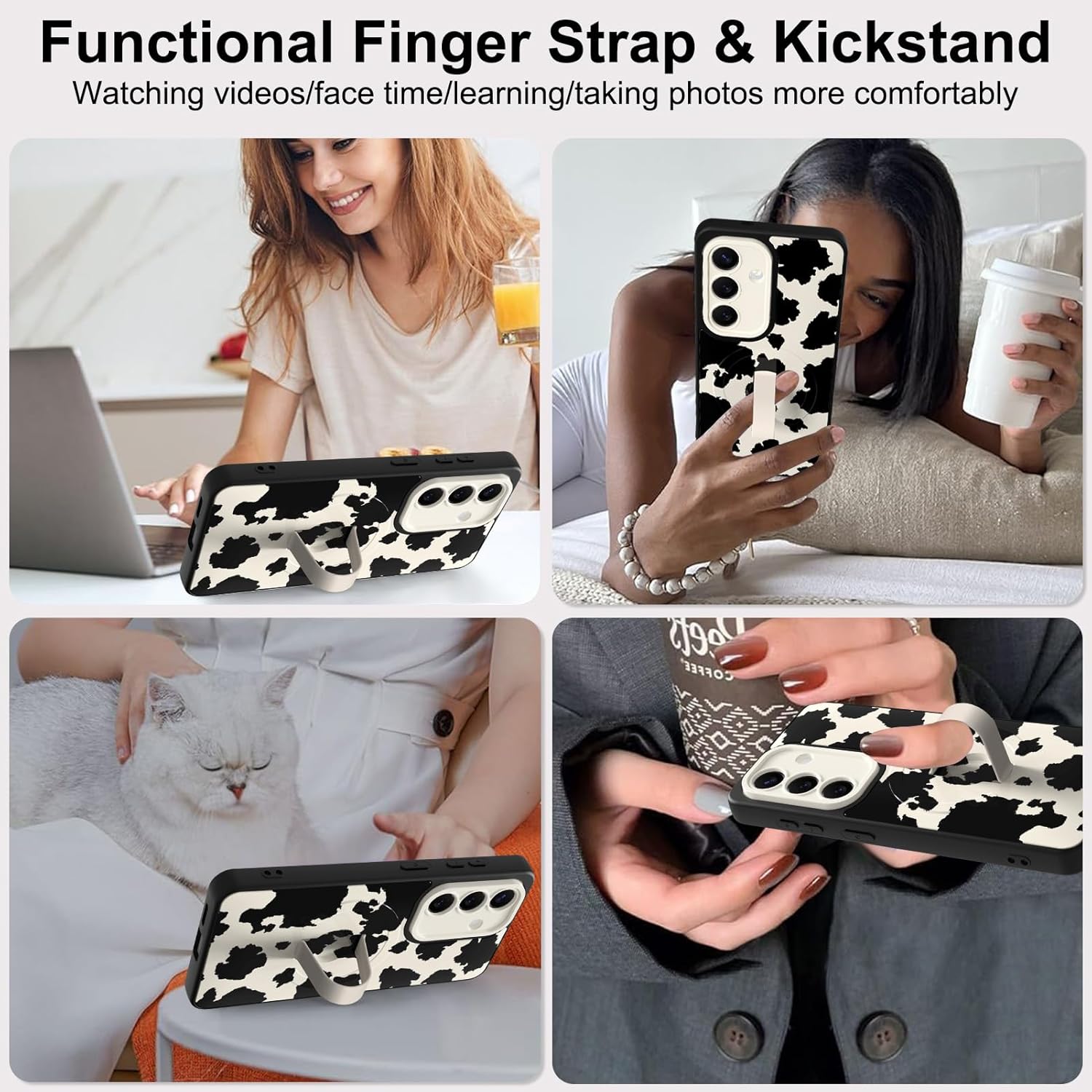 Magnetic for Samsung Galaxy S26 Case with Finger Strap Stand, Compatible with Magsafe, Funny Milk Cow Phone Case for Women Men Slim Shockproof Cover for S26, Milk Cow