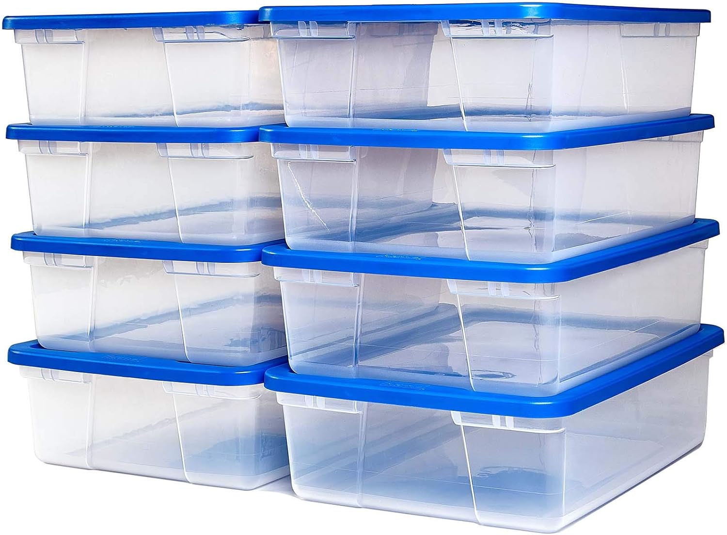 HOMZ Plastic Underbed Storage, with Lid, 28 Quart, Clear, Stackable, 8-Pack, Blue 3228CLBLDC.08