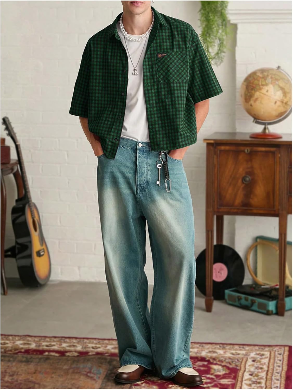 SHENHE Men's Plaid Button Down Short Sleeve Shirt Loose Fit Casual Shirt with Chest Pocket - Image 5