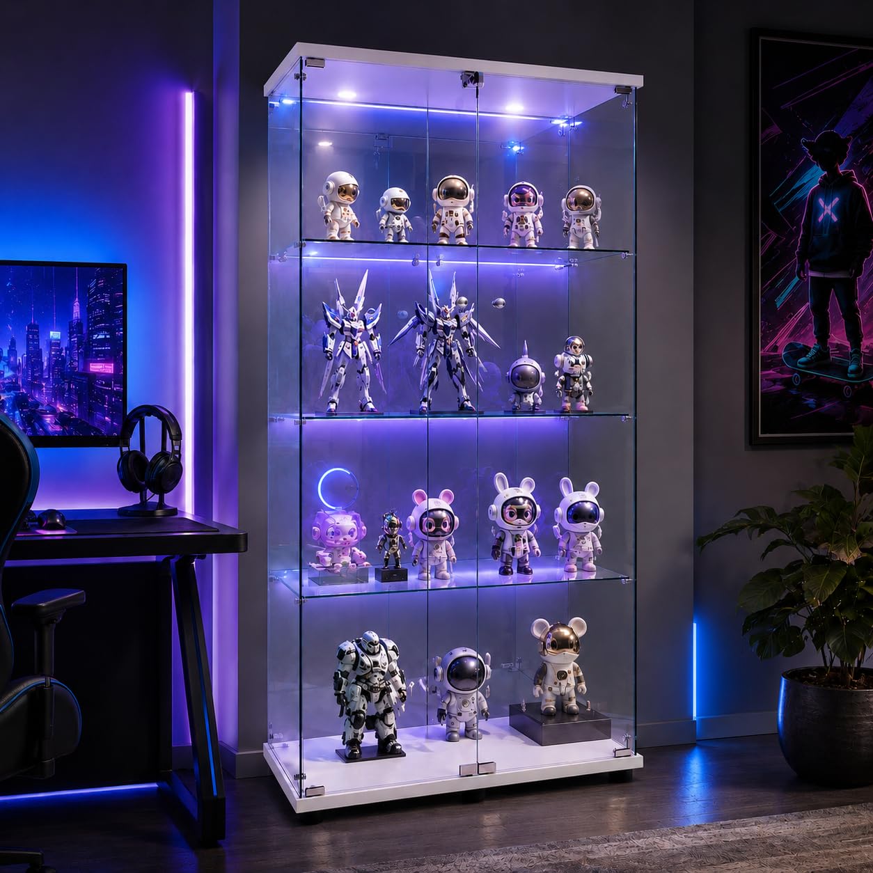 LIVLUX Vitrine en Verre avec Éclairage LED, 4 Étages, 2 Portes avec Serrure, 164 x 80,5 x 36,5 cm, Vitrine de Collection pour Salon,Armoire sur Pied Transparente