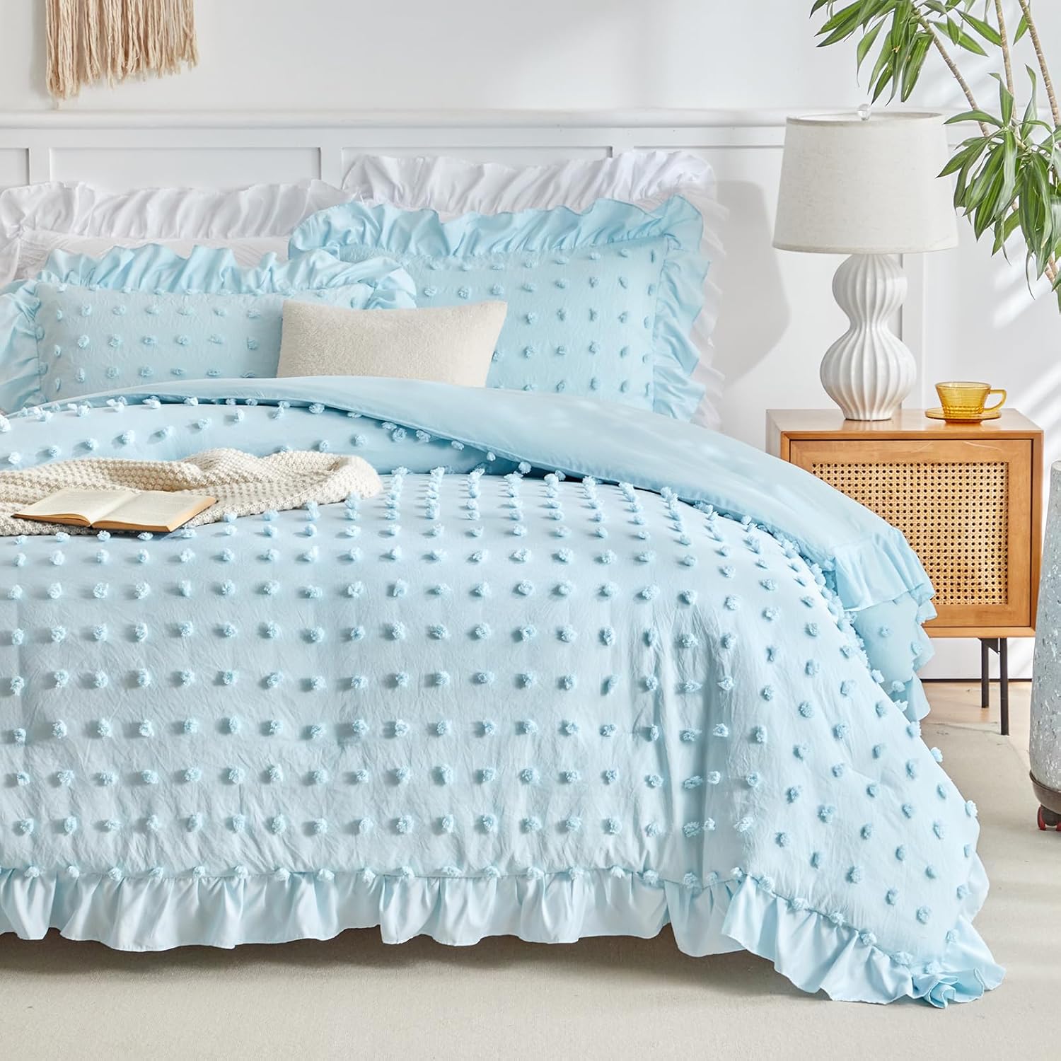 Flysheep Tufted Dots Ruffle Comforter Set Twin Size, 3 Pieces Blue Vintage Farmhouse Shabby Chic Comforters, Jacquard Boho Bohemian Bedding Set for Kids (1 Ruffled Comforter+ 2 Pillow Shams) - Image 5