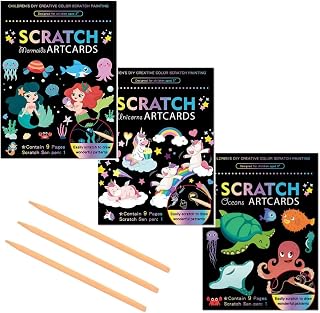wxfhtda 3 Set Magic Scratch Paper Art, Colorful Magic Drawing Art Book with 3 Scratch Pen for for Birthday Christmas Party Games Projects Kits