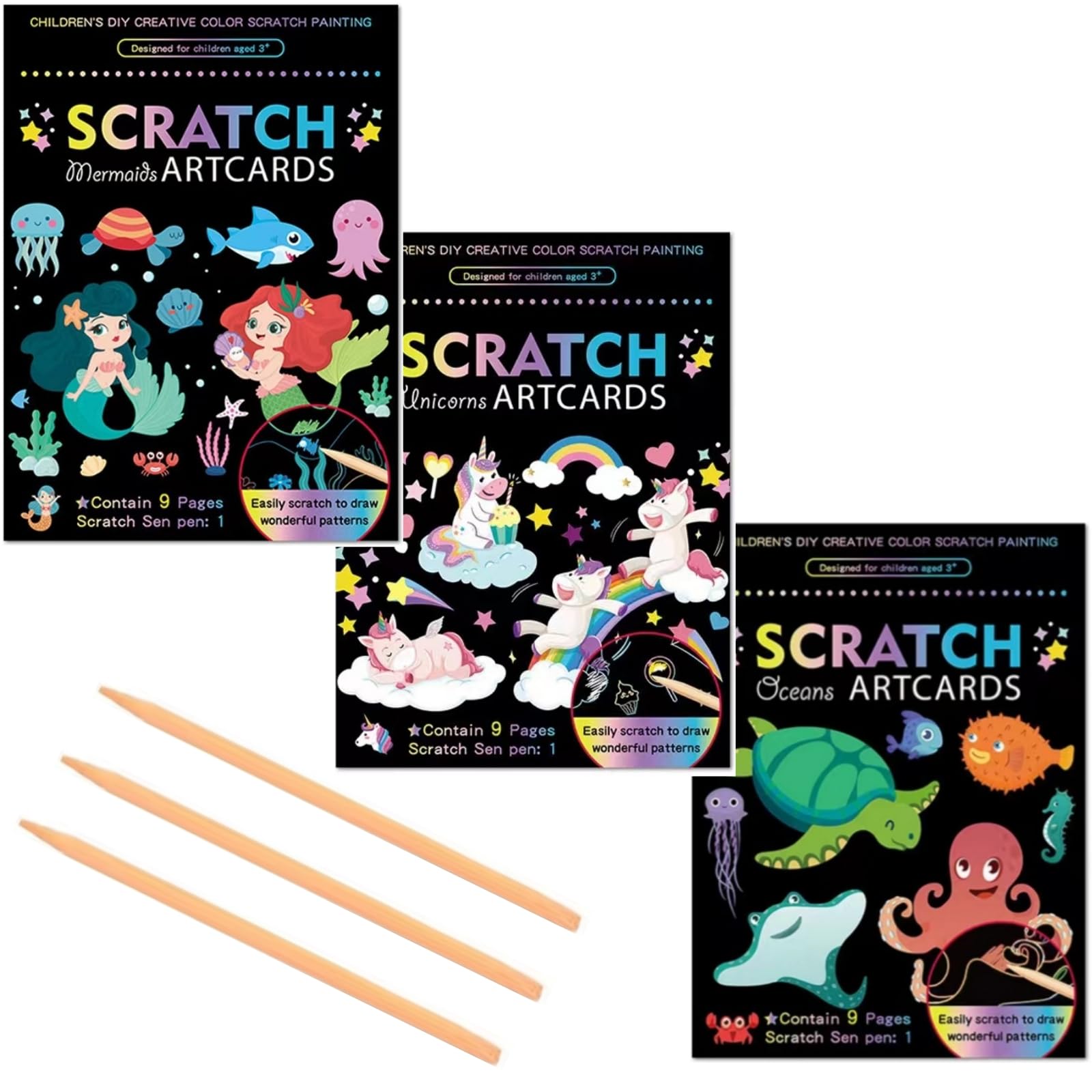 wxfhtda 3 Set Magic Scratch Paper Art for Kids, Colorful Magic Drawing Art Book with 3 Scratch Pen for for Birthday Christmas Party Games Projects Kits