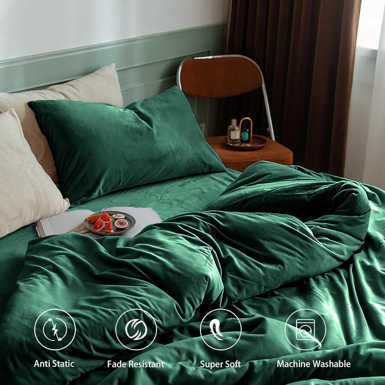 Emerald Green Velvet Duvet Cover - Ultra Soft Luxurious 3PCS Set With Zipper Closure and Corner Ties (Dark Sage, Queen 90"90")