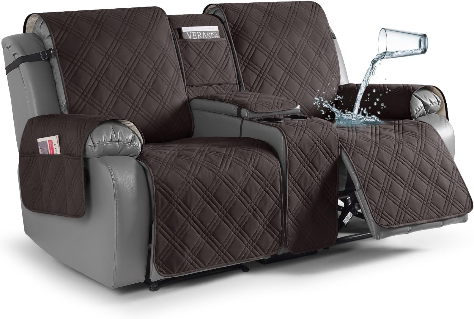 Loveseat Recliner Cover with Center Console, 100% Waterproof Pet Cover for Dual Recliner with Cup Holder, Split Reclining Loveseat Cover Furniture Pet&Kids Protector (2 Seater, Coffee)
