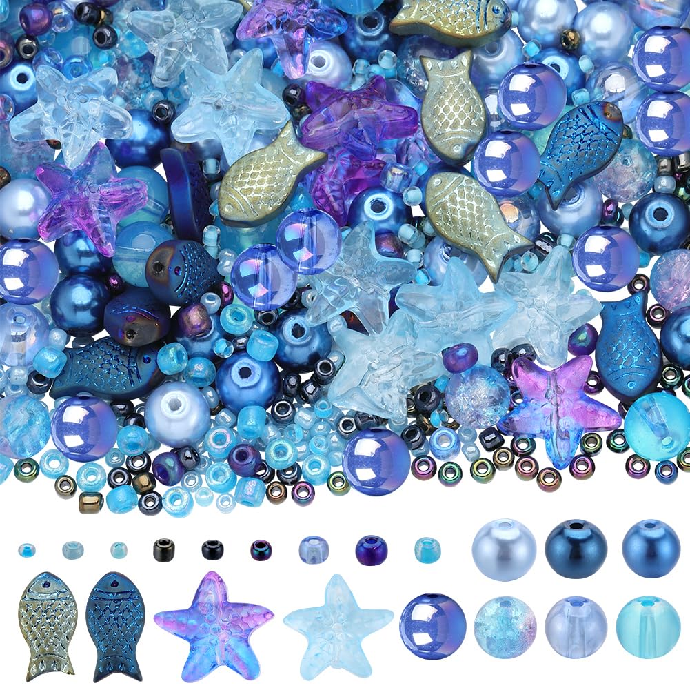 Perles En Pâte De Verre Décorées Bleu Océan - Tailles Variées, Vrac, Neuves - Origine Inde
