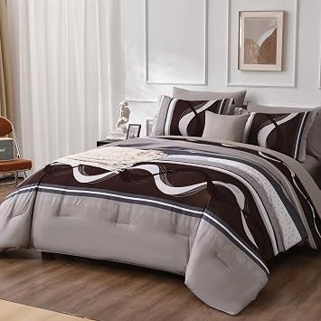 Anibedding Striped Comforter Set Full Size,8 Pieces Bed in a Bag Beige and Brown Patchwork Bedding Sets,Boho Soft Microfiber Bedding Set for All Season(7890)