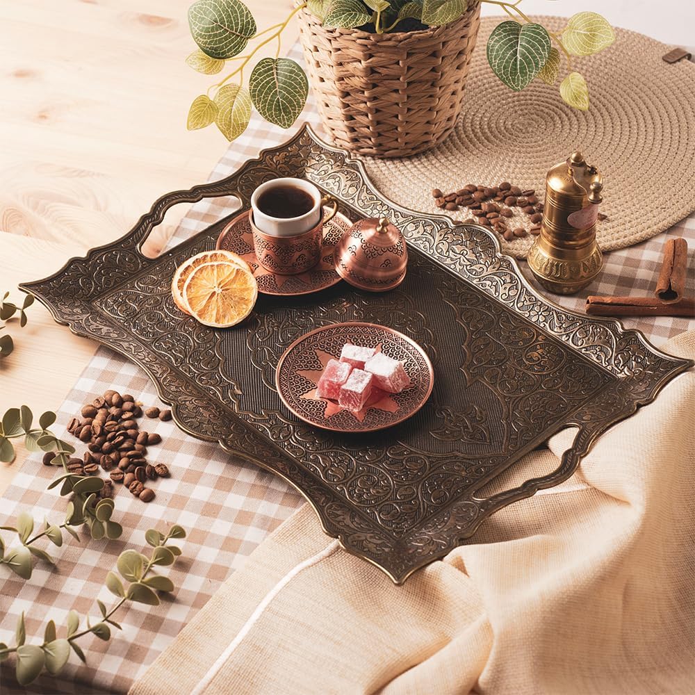 Large Turkish Antique Arabic Tea Coffee Serving Tray Decorative for Party Table - Bar Outdoor Dresser Fancy Metal Rectangle Kitchen Home Decor Moroccan Rustic Style Wedding Tray Traditional Vintage - Image 7