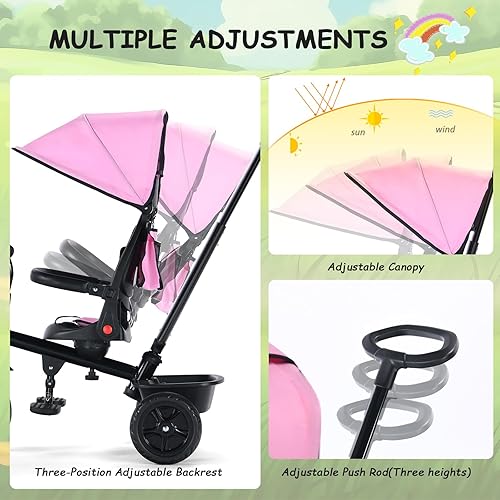 Miniatura 4 de Kinder King Triciclo para niños, triciclo 6 en 1 para niños pequeños con mango de empuje ajustable, asiento giratorio, toldo ajustable, arnés de