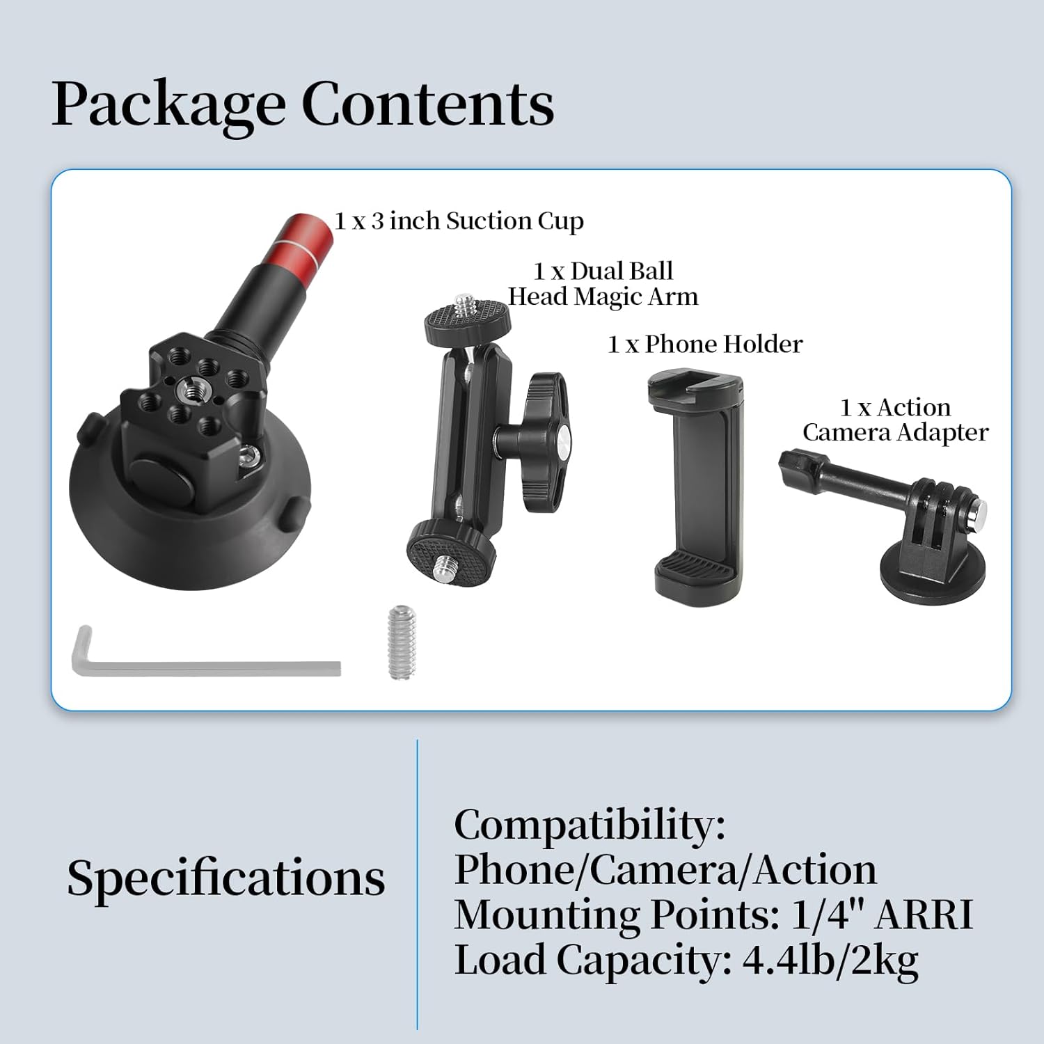 CNC Machined 3in Suction Cup Camera Mount with Ball Head Magic Arm, 1/4" ARRI Holes, Quick Release Car Mount with Phone Holder & Action Camera Adapter Compatible with DJI OSMO Pocket 3 Insta360 iPhone - Image 6