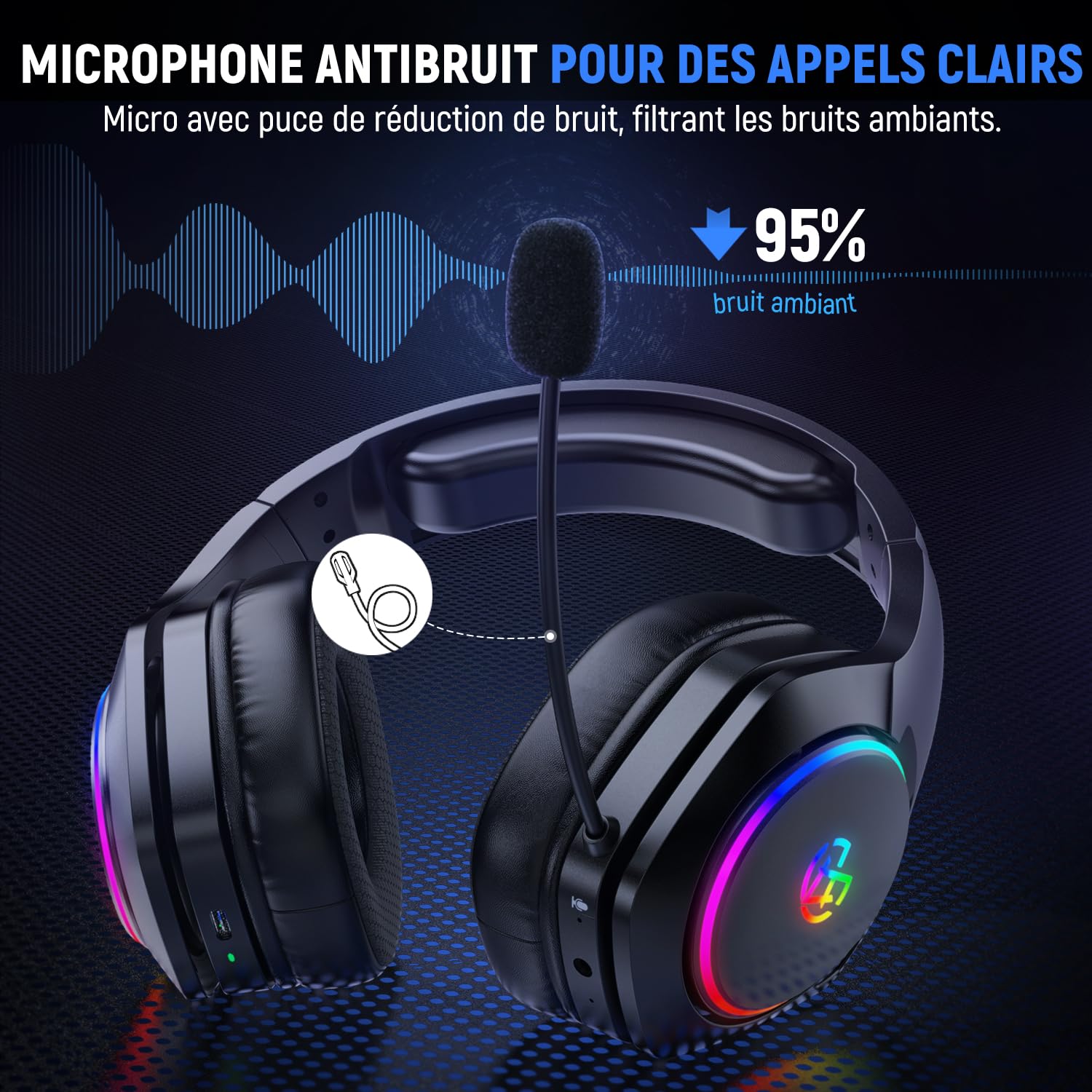 Tatybo Casque Gaming sans Fil, Casque Avec Micro Bruit Environnemental, 7.1 Son Surround, Batterie de 35H, Transducteurs 50mm, Oreillettes Respirantes, Casque Gamer Pour Ps5 PC Ps4 Switch