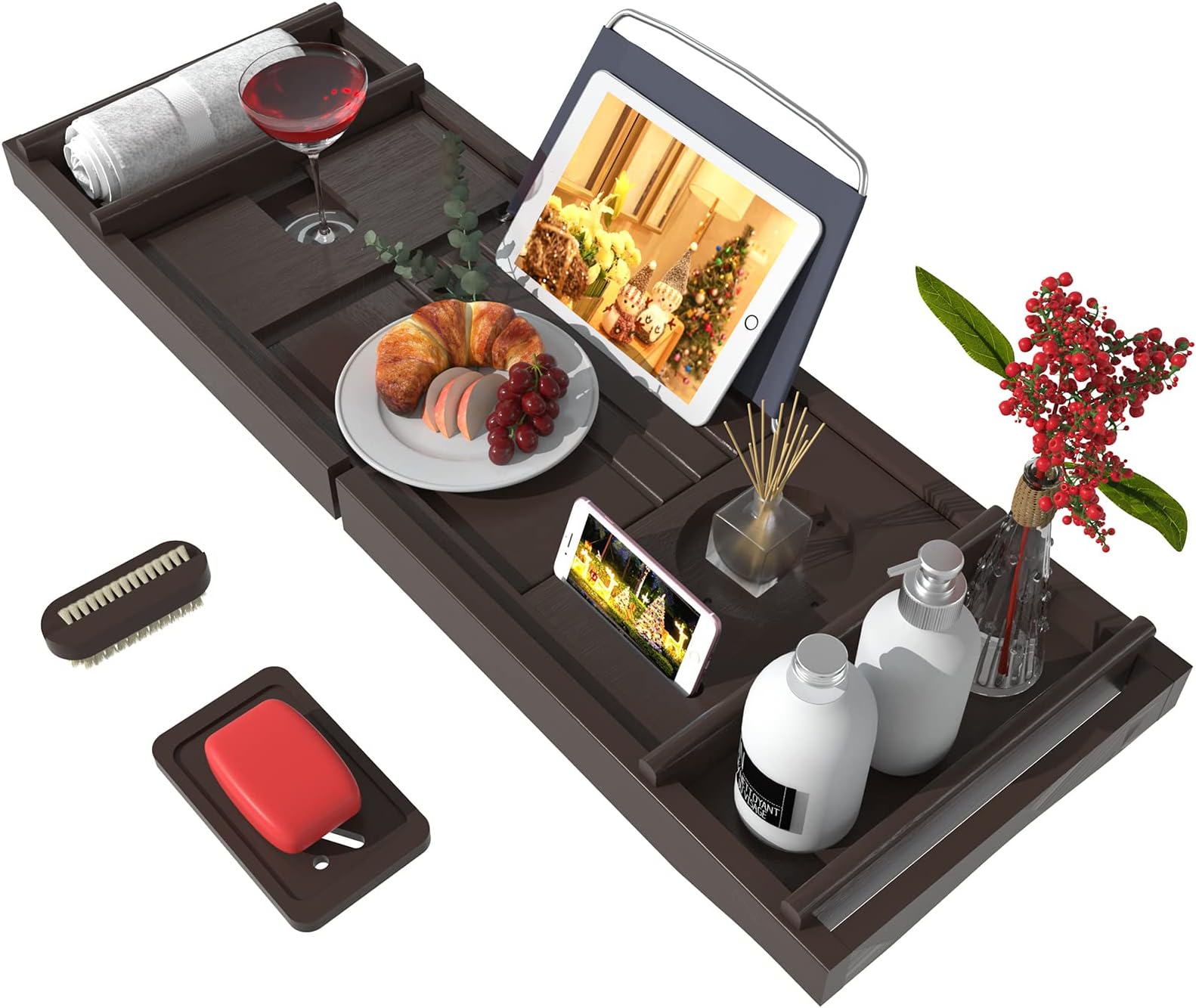 Bathtub Caddy Tray for Luxury Bath - Bamboo Waterproof Expandable Bath Table Over Tub with Wine and Book Holder and Free Soap Dish (Brown)