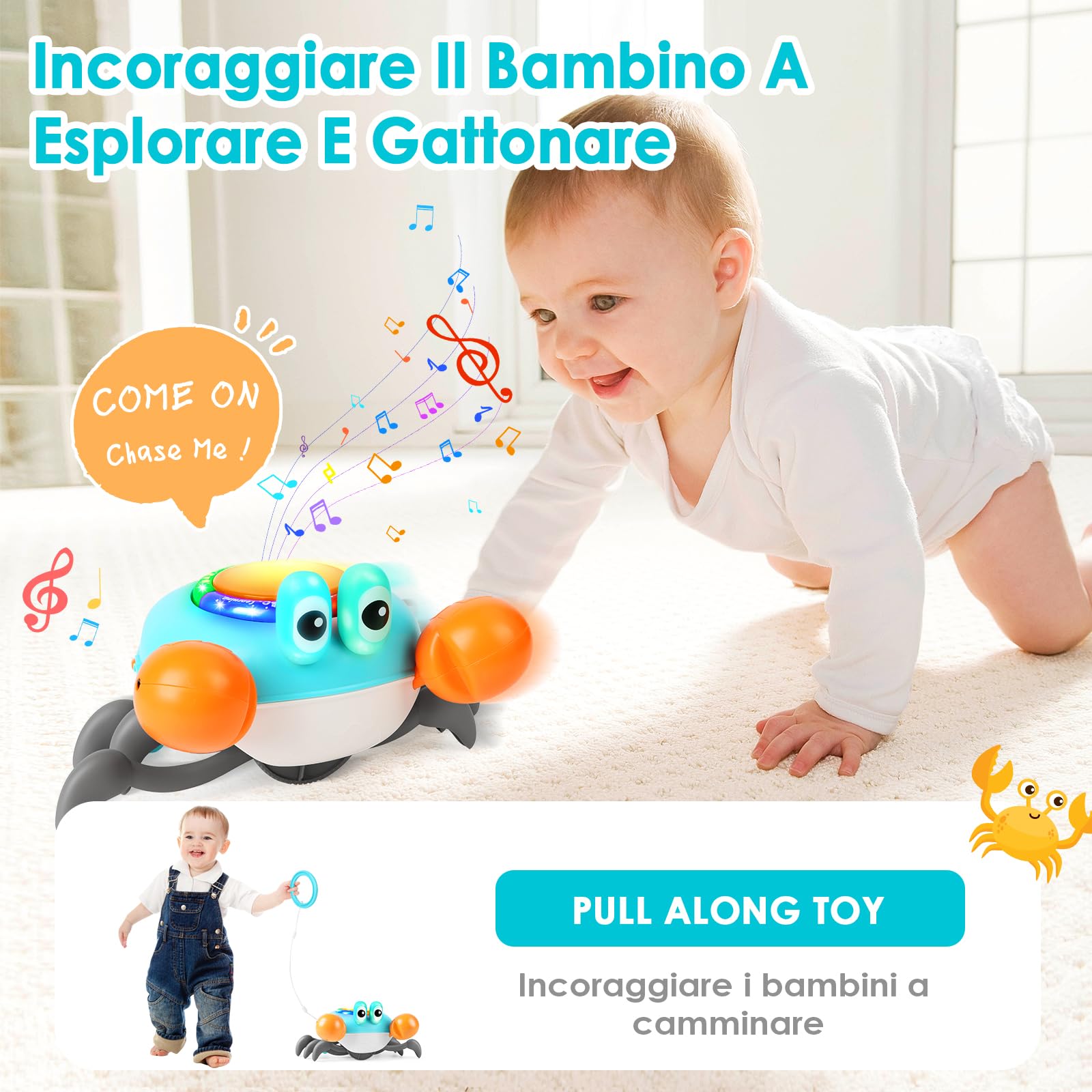 Aragallant Granchio Che Cammina Neonato, Granchio Tummy Time per Neonato dai 3 ai 9 Mesi, Granchio Giocattolo con Musica e Luci, Giochi per Stimolare a Gattonare Regalo per Bambini 1 2 3 4 Anni