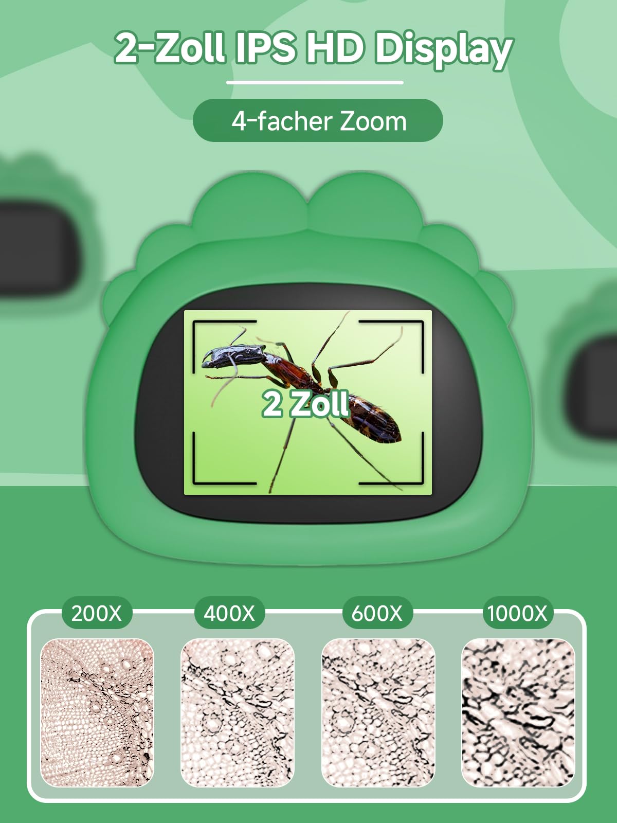 Acoath Mikroskop für Kinder, Digitales Taschenmikroskop mit 2,0" IPS-Bildschirm Lupe 200x Vergrößerung, 8 LED Lights Handy Kindermikroskop für Garten Spielzeug - Grün