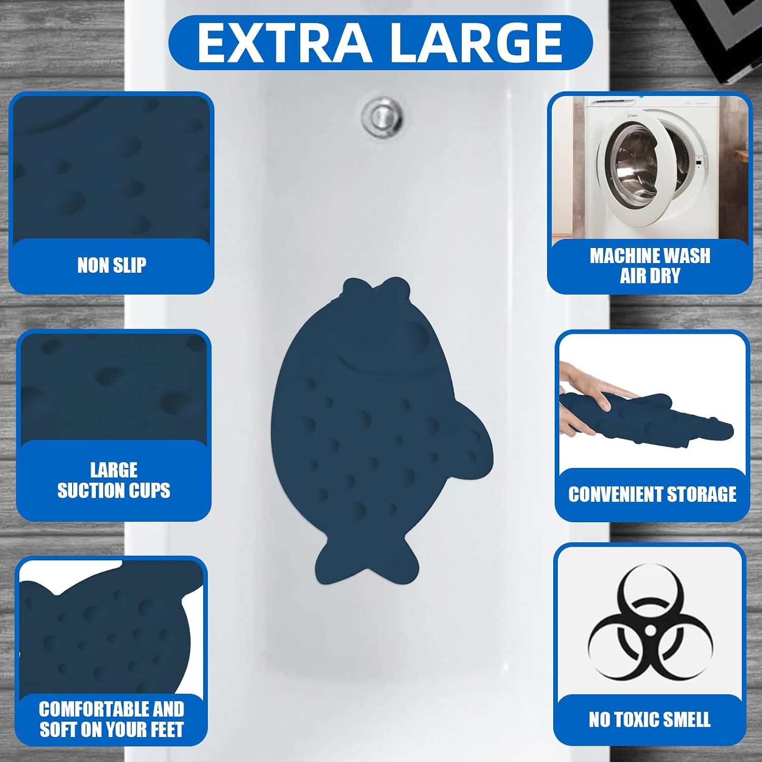 Non-Slip Bathtub Mat ZHICHENG Soft Rubber Bathroom Bathmat with Strong Suction Cups (Blue)