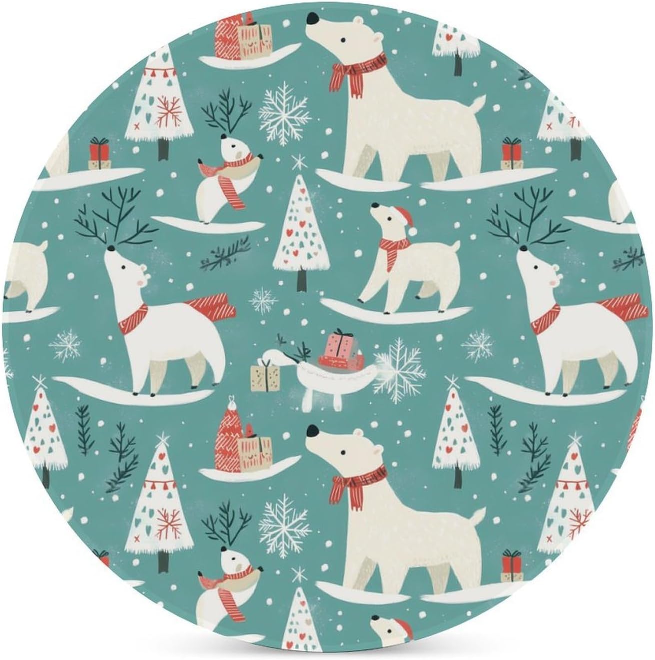 Christmas Polar Bear Round Ceramic Coasters for Drinks Absorbent Cup Holder Tabletop Protector with Cork Base