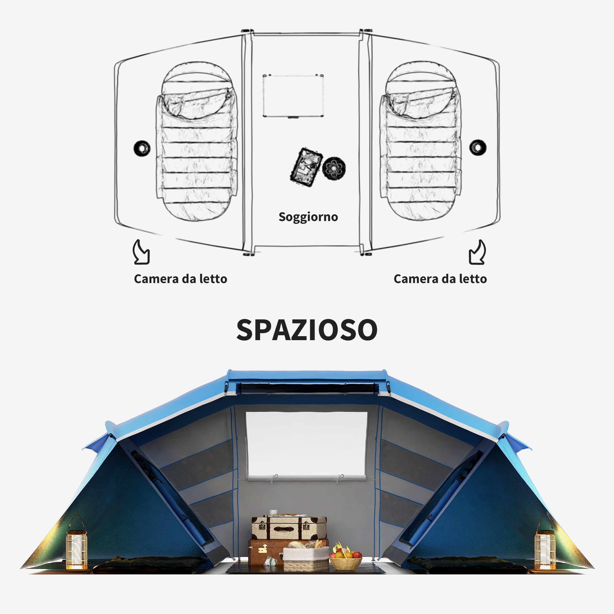 Outsunny Tenda da Campeggio 4 Posti con 2 Zone Notte e Borsa da Trasporto, 430×240×170 cm, Bianco e Azzurro