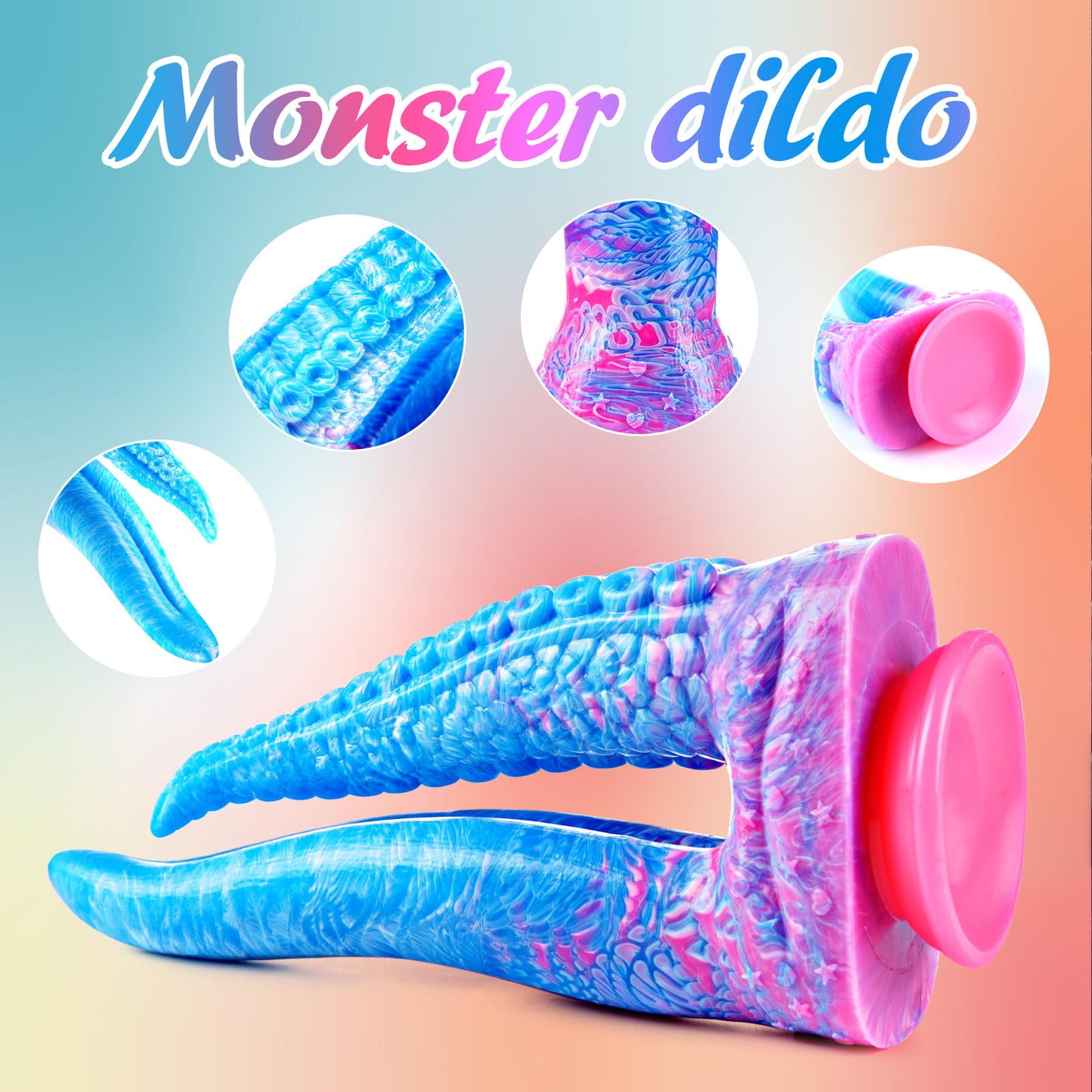 Dildo doble de 21.5 cm con tentáculos de monstruo, realista, grande, de silicona, con base de succión fuerte, dildo doble con lengua, juguete para lesbianas