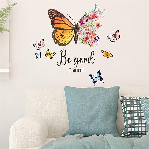 Miniatura 2 de Hermosas calcomanías de pared de mariposas y flores coloridas, mariposas amarillas, rosas, azules, citas inspiradoras, calcomanías de pared de