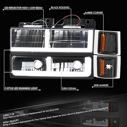 Miniatura 8 de DNA MOTORING Faro LED DRL estilo C, señal de parachoques, juego de lámparas de esquina compatible con Chevy CK1500-3500 88-93, cromoámbar,