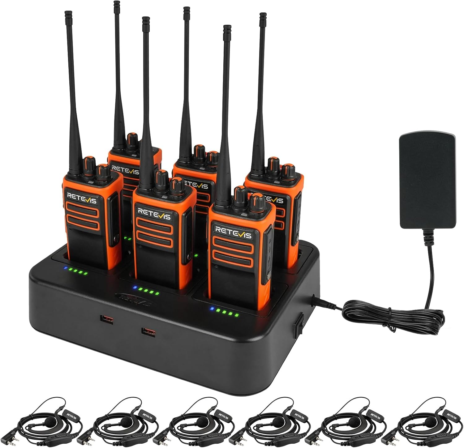 Retevis MateTalk C6 Walkie Talkies with Earpiece,Fast Charging Walkie Talkies Rechargeable with 6 Way Charger,Type-C,One-Key Pairing,VOX,Rugged 2 Way Radios Long Range for Work Hotel Security(6 Pack)