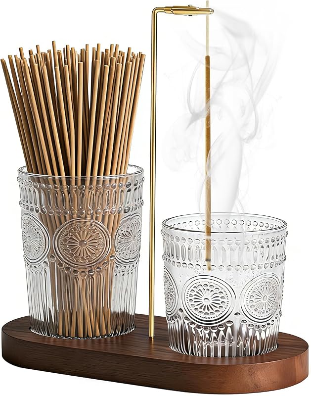 Porta Incienso 2 en 1 para Varillas, Quemador de Incienso de Vidrio Vintage | Soporte para varillas de incienso al revés, receptor de cenizas y base de madera maciza, receptor volador anticenizas para meditación, yoga, spa y hogar