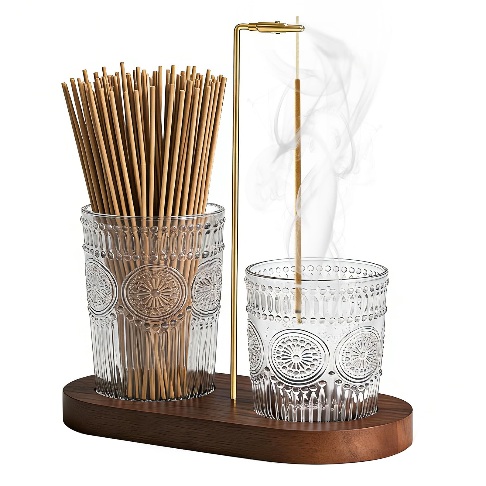 2 in 1 Incense Holder for Sticks, Vintage Glass Upside Down Incense Burner with Removable Ash Catcher & Solid Wood Base, Anti-Ash Flying Catcher for Meditation, Yoga, Spa & Home Decor- Brown
