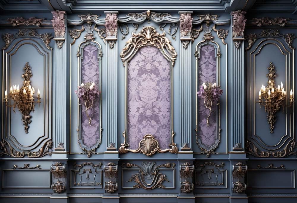Kate 7×5ft European Style Retro Castle Wall Decoration Backdrop Photography Indoor Purple and Blue Classic Gypsum Pattern Background Photography Studio Props for Portrait Pictures and Videos