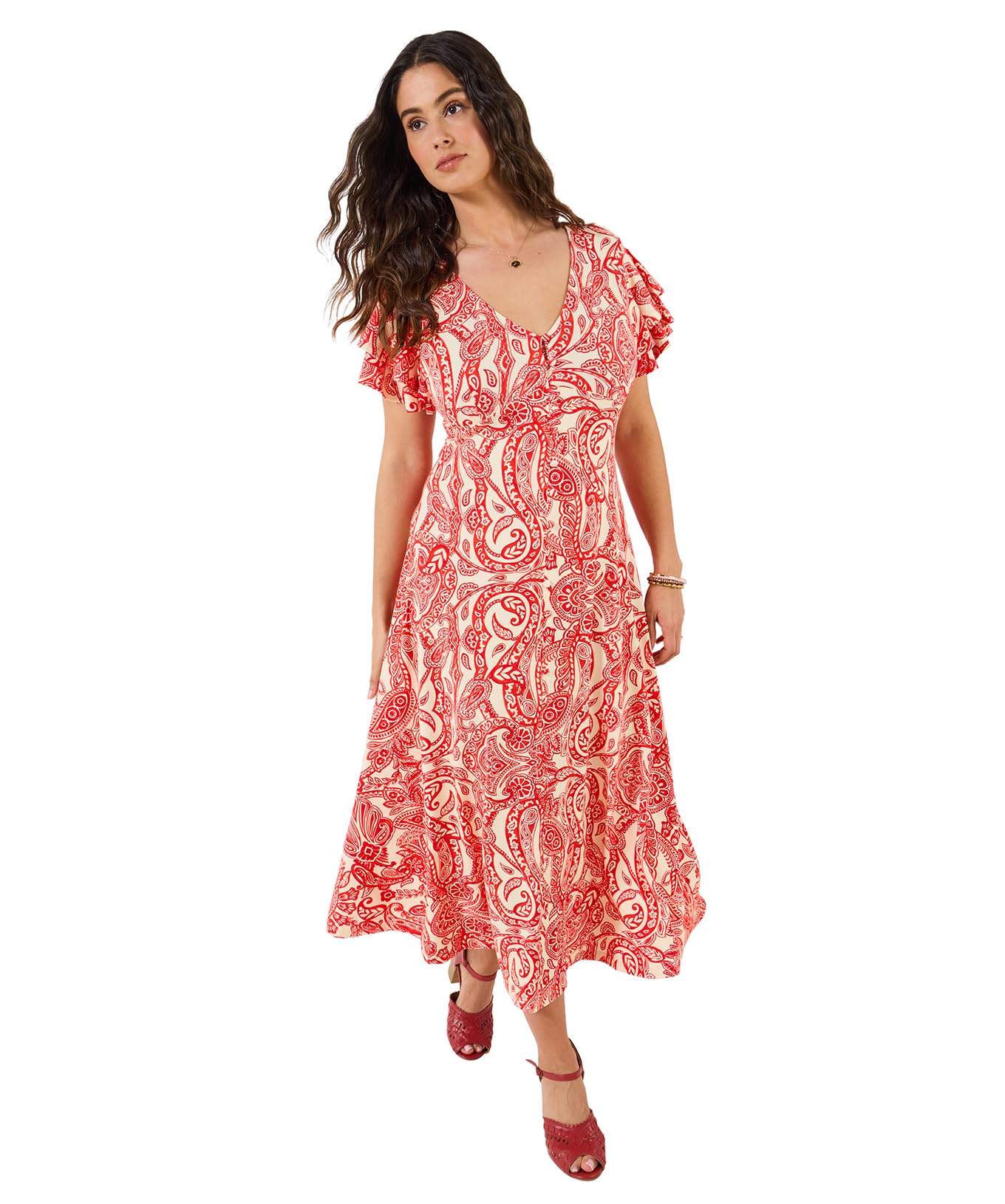 Joe Browns Women's Paisley Printed V Neck Jersey Dress, Regular, Red, UK 10