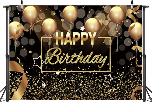Miniatura 2 de Sensfun Cartel de fondo de fiesta de feliz cumpleaños para hombres y mujeres, globos negros y dorados con purpurina Bokeh, fondo de fotografía,