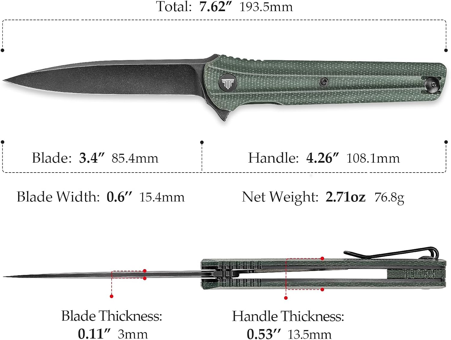 TRIVISA EDC Pocket Knife for Men,Folding Knives with Reversible Clip,Liner Lock 3.4'' Black 14C28N Steel Blade,Green Micarta Handle,Seagull-G