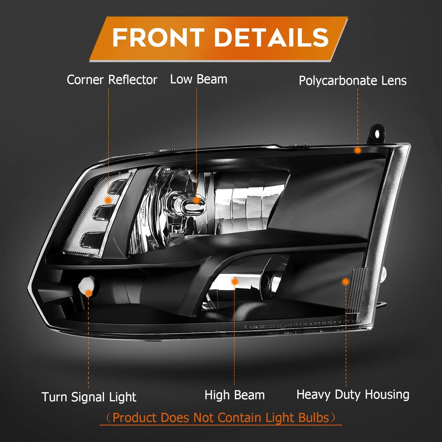 Headlight Assembly for Dodge for Ram 1500 2009-2018 for Dodge for Ram 2500 2010-2018 for Dodge for Ram 3500 2010-2018 Black Housing Clear Reflector Clear Lens Driver and Passenger Side Headlamp