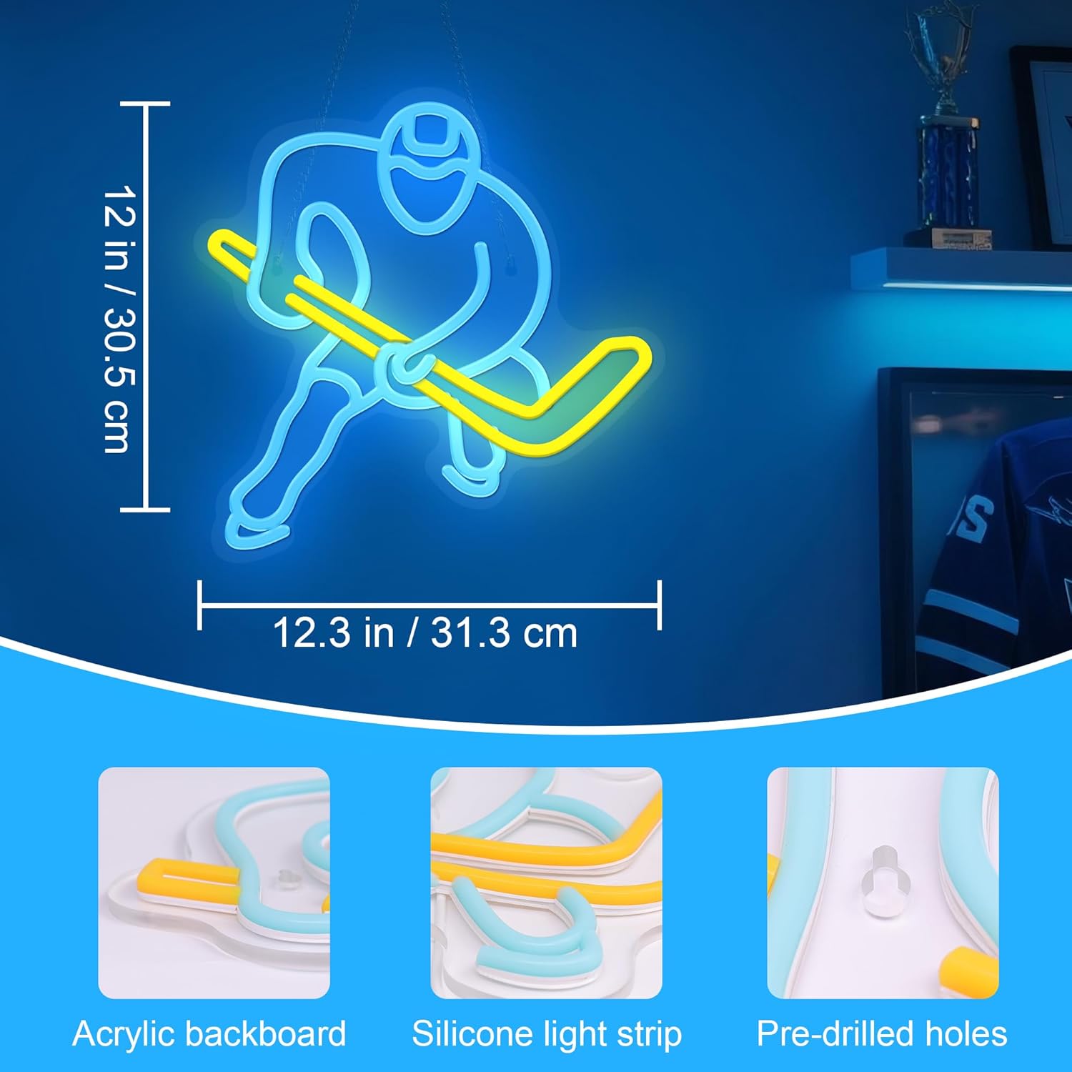 OkiyiD Hockey Neon Signs, Hockey Player Neon Lights for Bedroom,Gift Neon Light Suitable for Living Sport Room- 5V USB Power Dimmable Switch with Hanging Chain Hooks