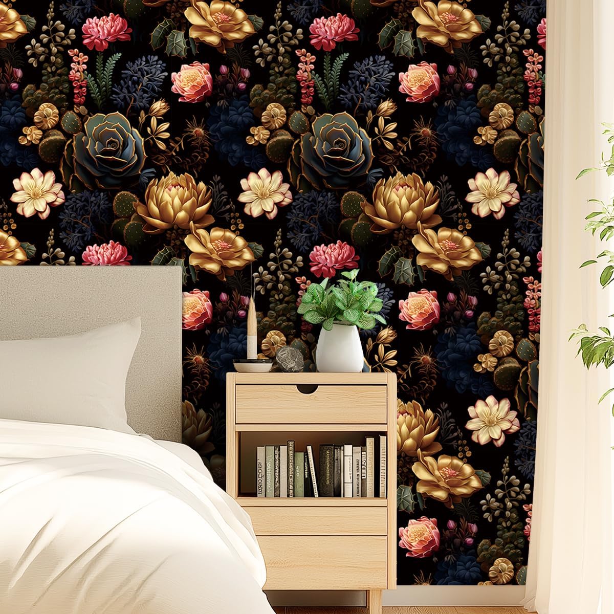 Gilded Illusion Plant Flower Wallpaper 17.71"x118.1" Peel and Stick Wall Paper Waterproof Vinyl Matte Flower Contact Paper for Bedrooms, Wardrobes, Kitchens