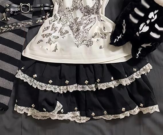 Y2K Rivets Lolita Skirts Jirai Kei Lace Cake Skirt with Kawaii Style Layered Short Miniskirt