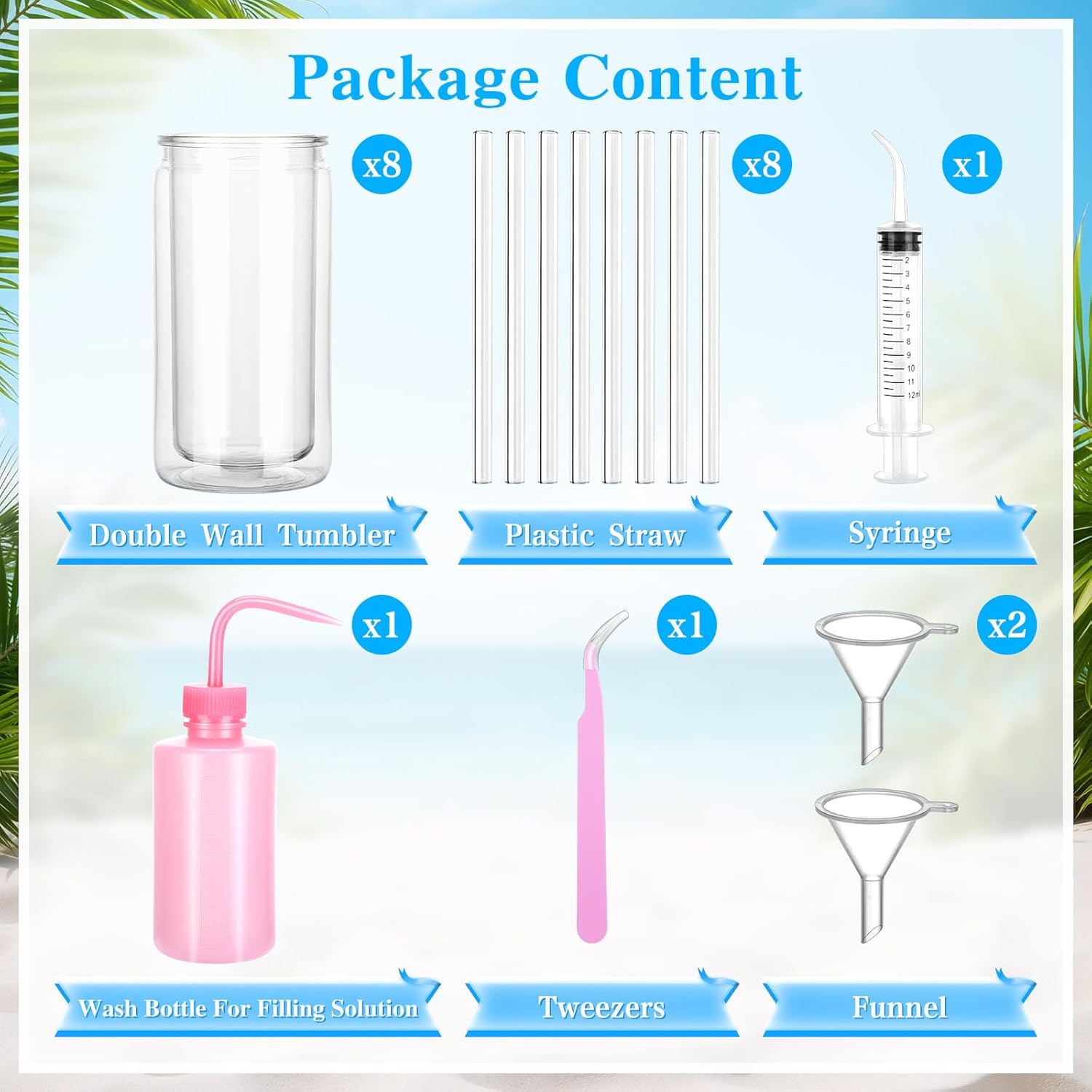 8 pack 16 Oz Plastic Snow Globe Tumbler, Double Wall Clear Snowglobe Tumbler With Pre Drilled Hole, With Elbow Irrigator, 250ml Squeeze Bottle, Tweezer, And Two Funnels For Snow Globe Glitter Diy