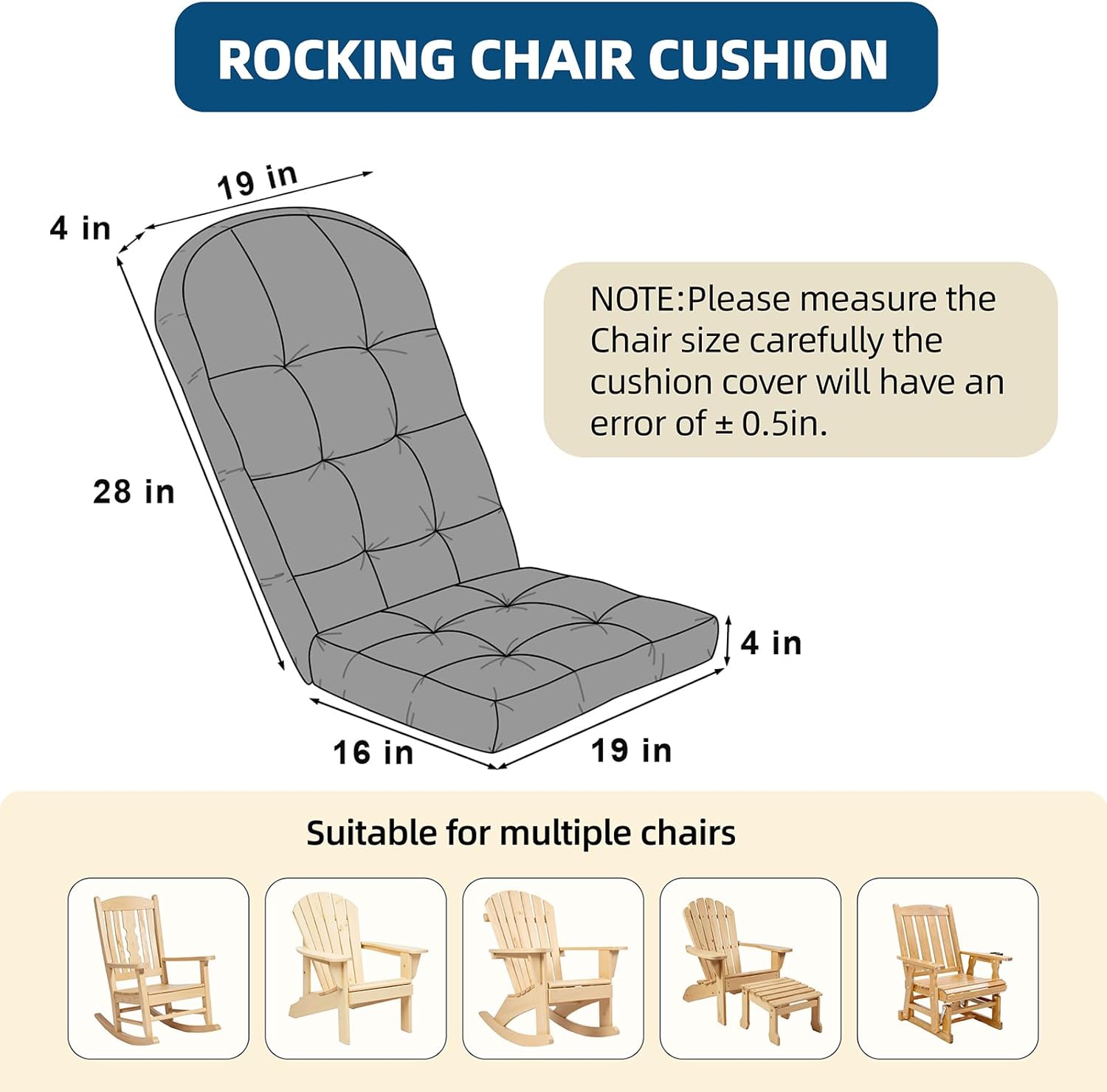 Adirondack Chair Cushion 44"x19"x4", High Back Rocking Chair Cushion Non-Slip, Thick Waterproof Patio Chair Cushions for Outdoor Indoor, UV Resistant One-Piece Glider & Porch Rocker Cushion, Grey