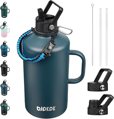 Miniatura 24 de BJPKPK Botella de agua de 1 galón aislada con tapa con pajita, 50oz, 64oz, 87oz, 128oz grande, botellas de agua de acero inoxidable con 3 tapas y