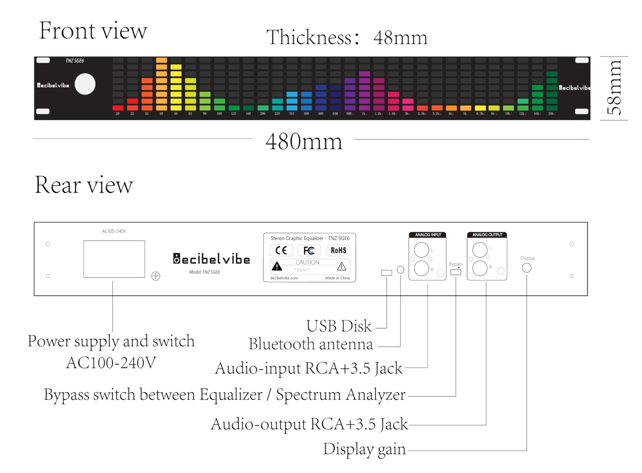 Decibelvibe TNZ SGE6 - Equalizzatore grafico audio con ingresso/uscita RCA-Jack 3.5, ingresso wireless tramite microfono integrato, ingresso USB e Bluetooth, preamplificatore audio per sistemi