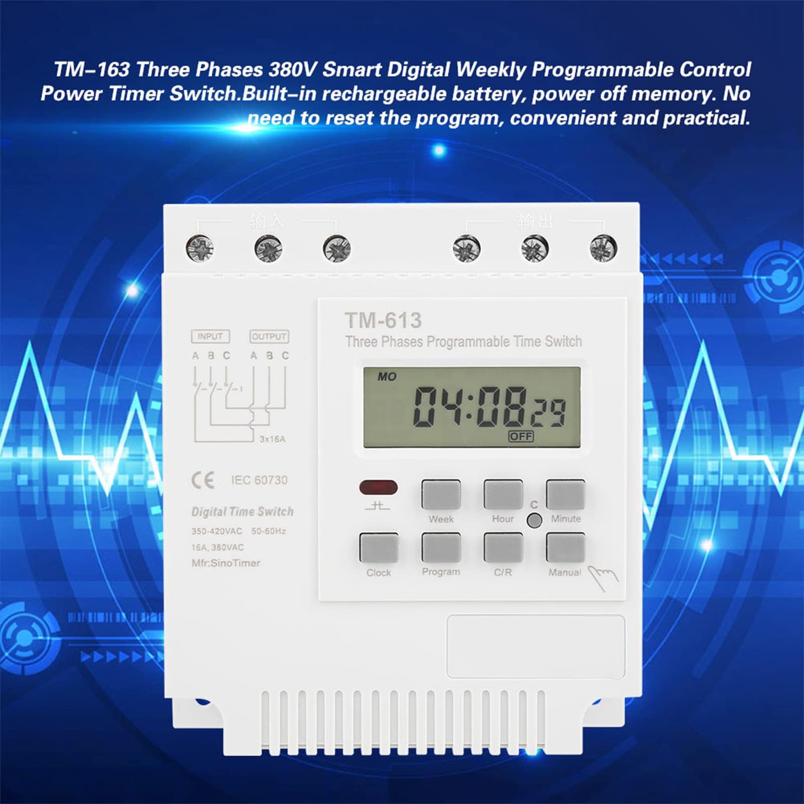 TM-163 - Relé programado, 380 V, 50 – 60 Hz, 16 A, interruptor de temporizador, interruptor de temporizador, trifásico, reloj digital inteligente