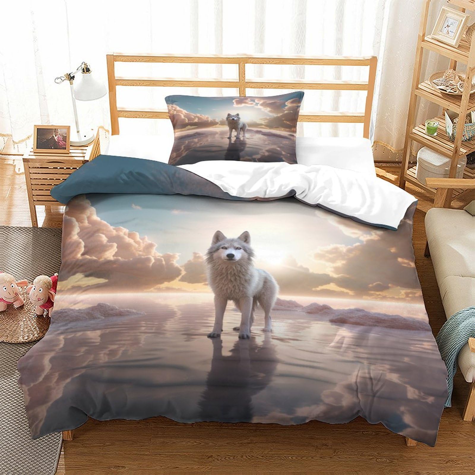P1S9U7W5Y 3D Printed Nature Scenery Wolf Duvet Cover Set 3 Pieces Microfiber Bedding Set for Adults Teens Bedroom Decor Soft Breathable Gift Single（135x200cm）