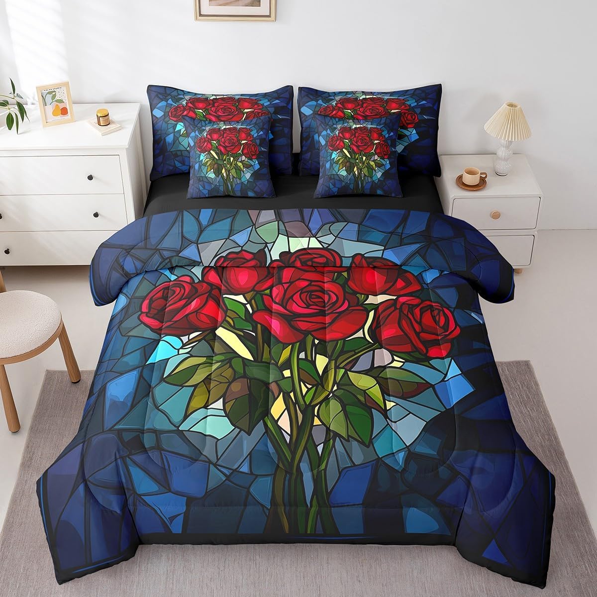 Hummingbird 7 Pcs Comforter Set,Rustic Garden Poppy Red Flowers Botanical Bedding Set,Artistic Stained Glass Style Patchwork Bed Set(Comforter+Fitted+Flat Sheet+Pillowcases+Pillow Covers),Full
