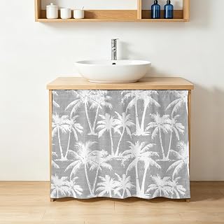 Grey Palm Tree Cabinet Curtains for Shelves, Summer Tropical Country Vintage Silver Tree Leaf 10" W x 11" L Adhesive Cabinet Curtain with Shelf Curtain for Storage Cubes