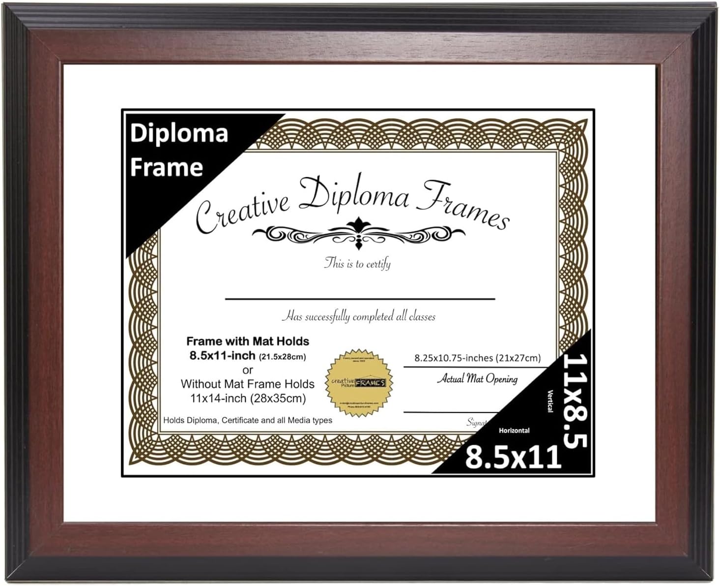 Creative Picture Frames 11x14-inch Mahogany Diploma Frame with White Mat to Hold 8.5” x 11” Graduation Certificate Documents with Installed Wall Hanger