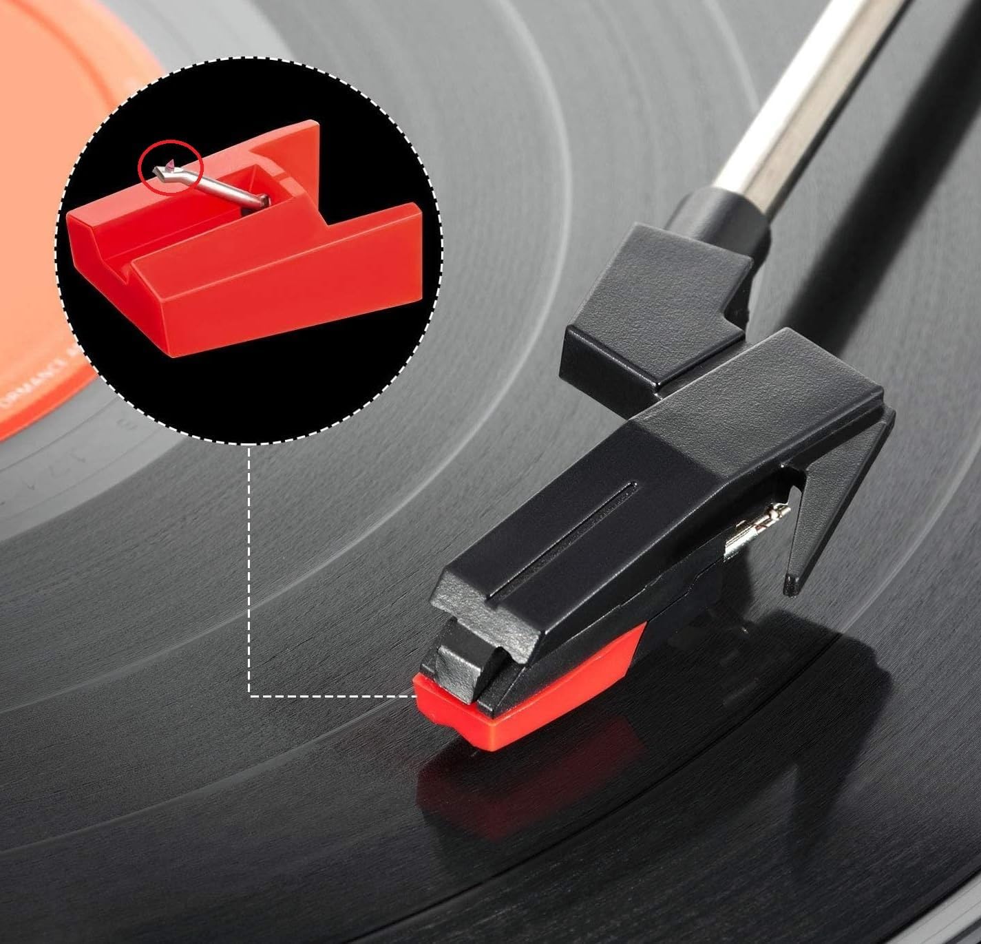 Diagram showing how to install a new stylus onto a turntable cartridge.
