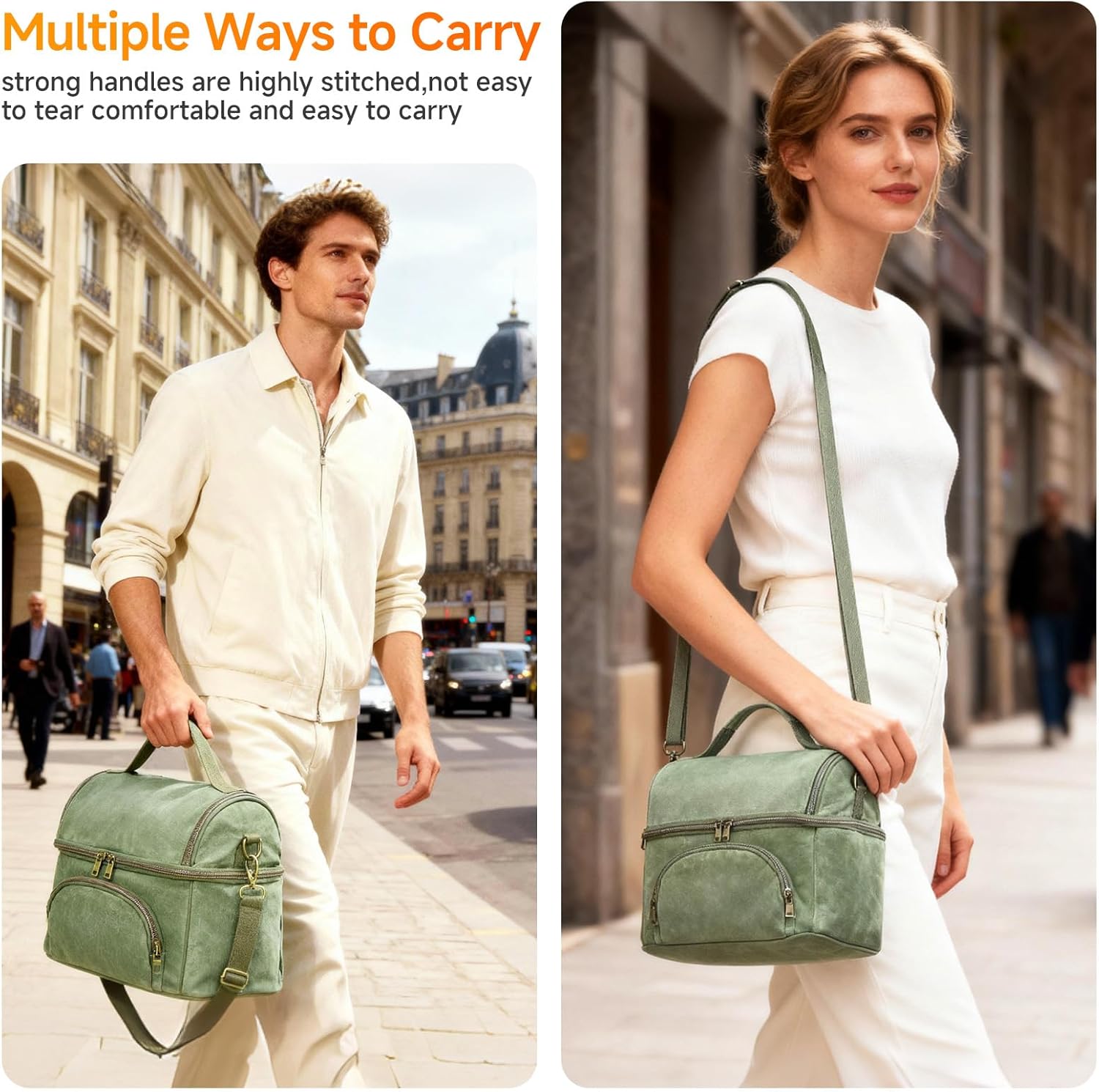 Mens Lunch Box with 2 XL icepacks,Sturdy Waxed Canvas Insulated Lunch Bag for Adult, 2 Compartment Soft Cooler Bag For Work, Picnic, Travel, Outdoors (10.5L) 10"x7"x9.5" (London Green) - Image 5