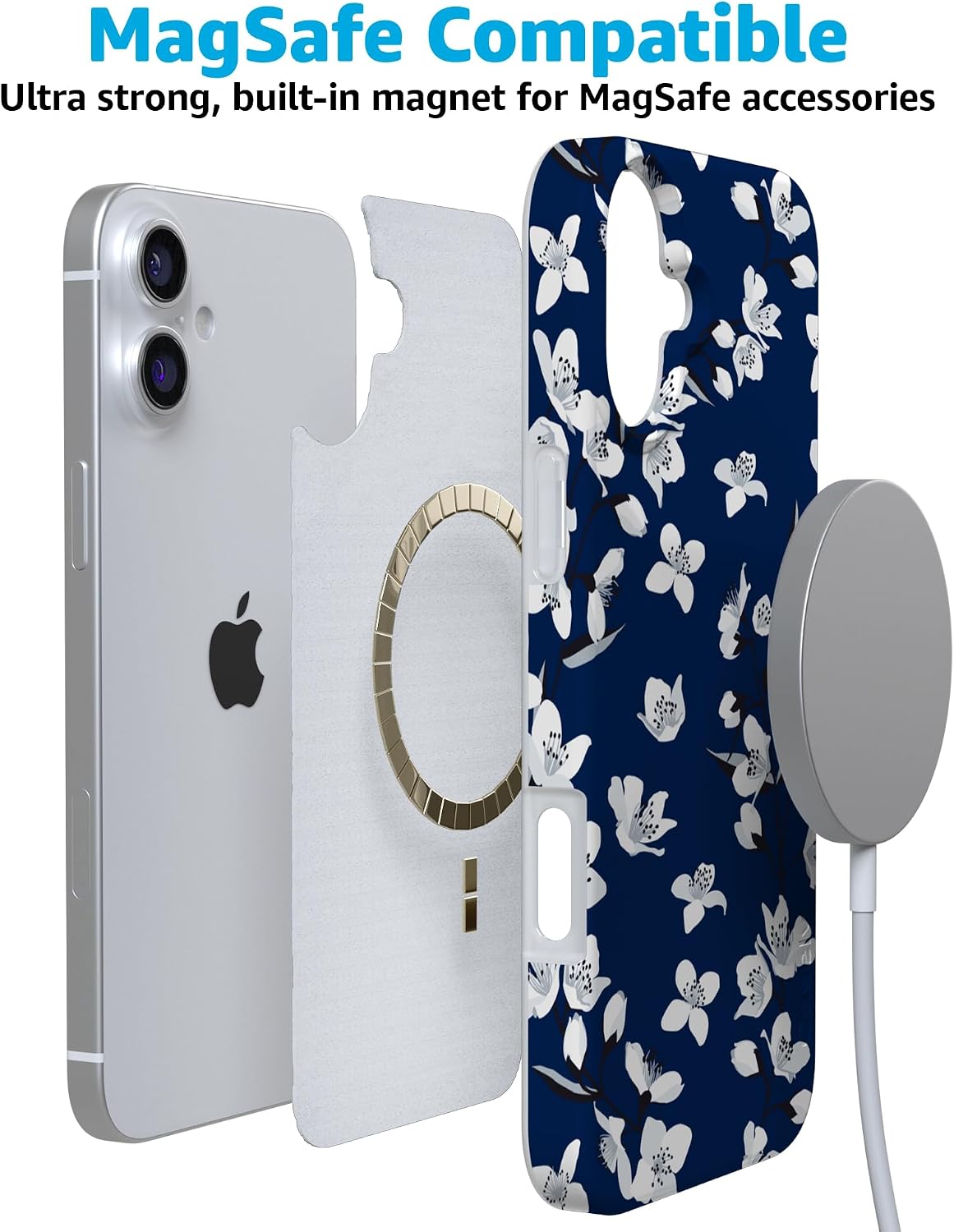 Casely iPhone 16 Case | Floral Forest | Navy Cherry Blossom Floral | Compatible with MagSafe | Classic Ultra Slim Design