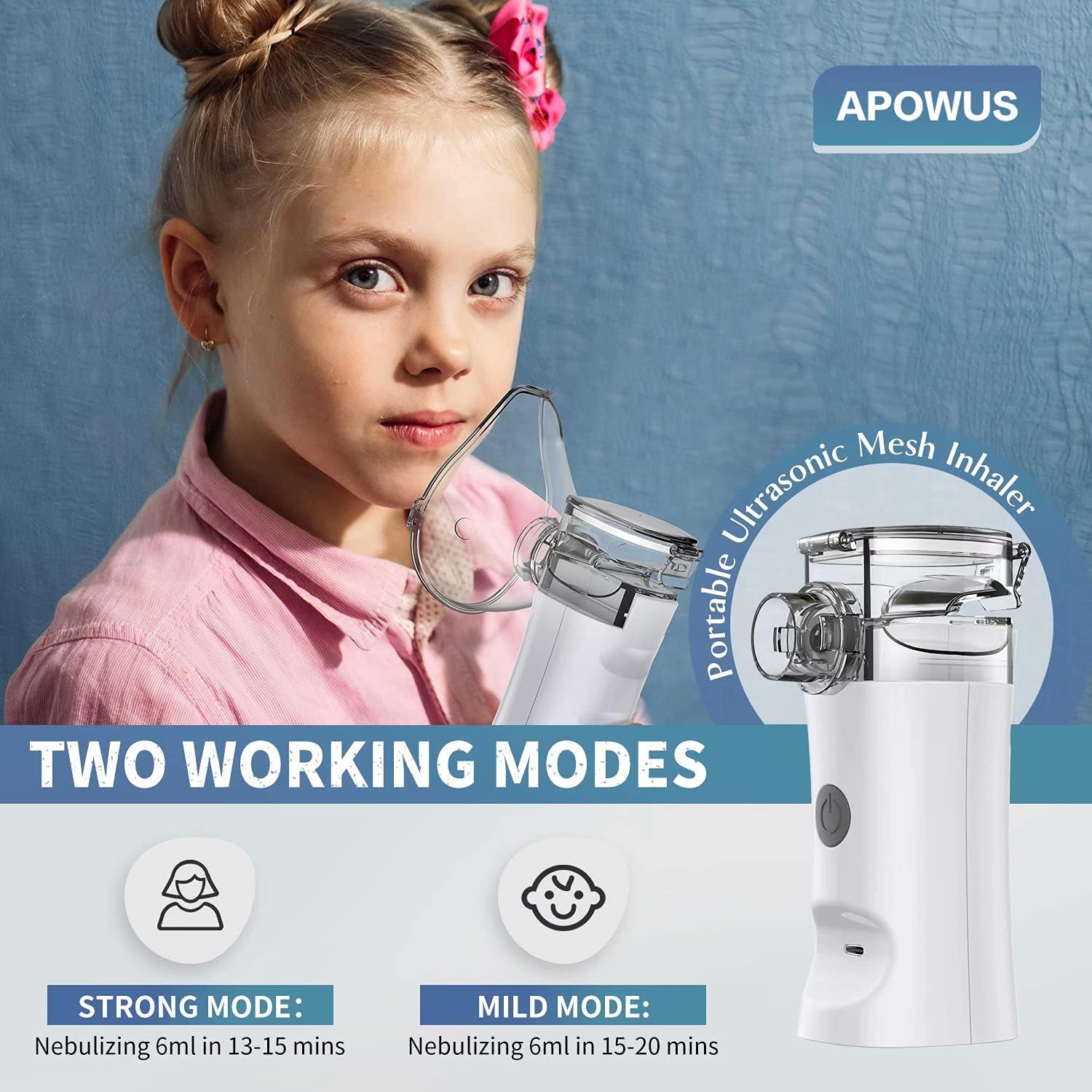 APOWUS Portable Nebulizer - Handheld Mesh Nebulizer Machine for Adults & Kids Travel and Household Use, Quiet Steam Inhaler for Breathing Problems.